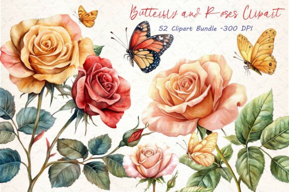 Download Watercolor Butterfly and Roses Clipart - Roses Collection